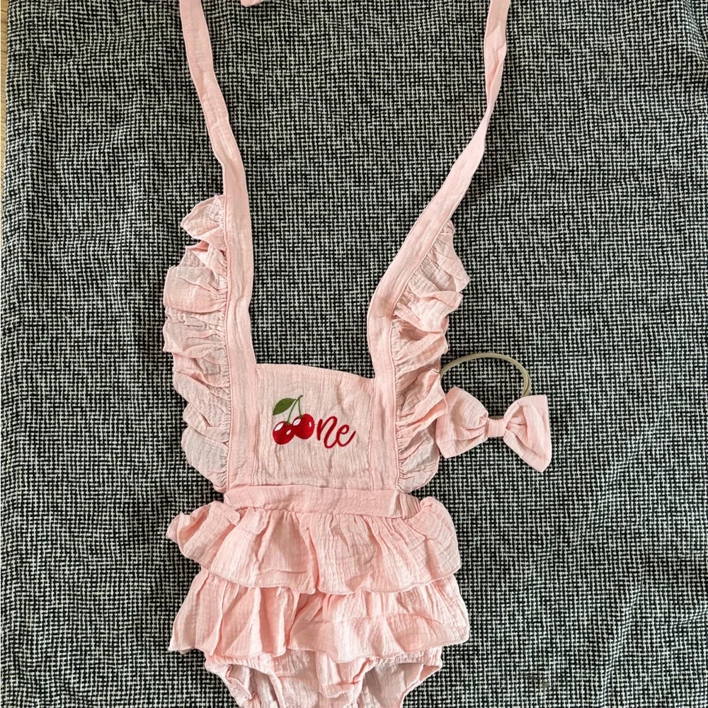 Pink Ruffled Cherry Romper with Headband